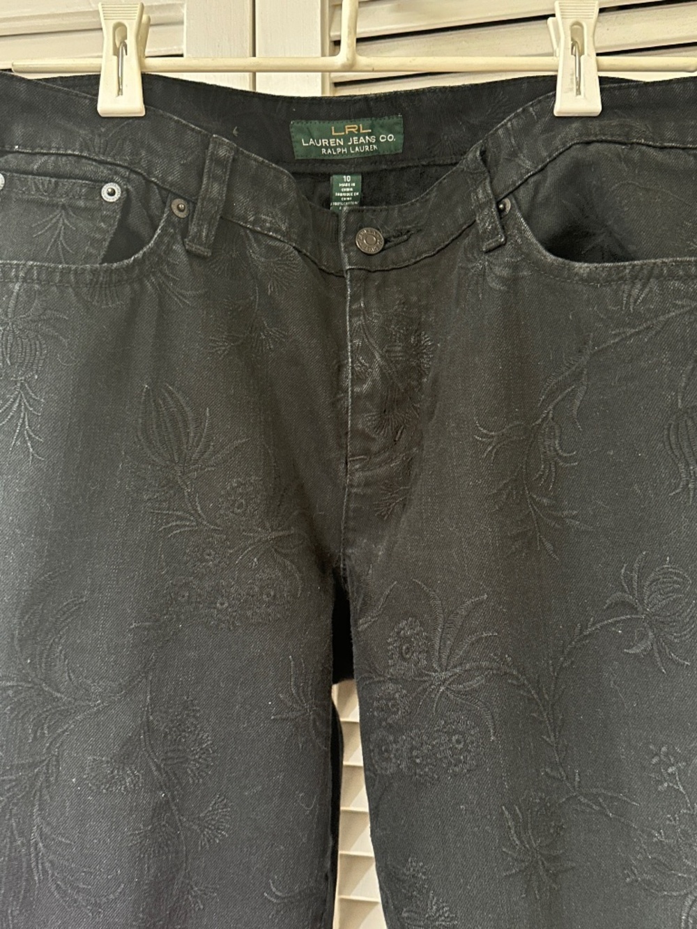 LRL Lauren Jeans Black Floral Textured Jeans Modern Skinny Size 10